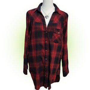 TASHA POLIZZI ZIPPER POCKETS RED BLACK PLAID FLANNEL TOP TUNIC EUC L